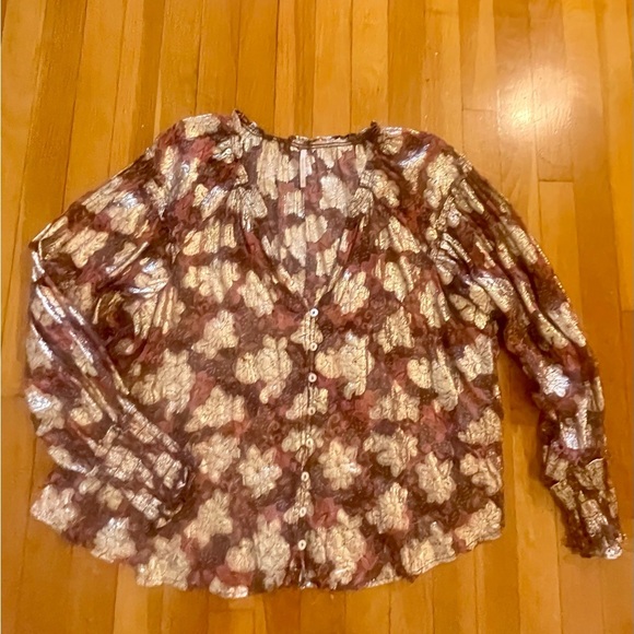 FREE PEOPLE Sheer bohemian oversized floral blouse size small gold Anthropology - Picture 9 of 11